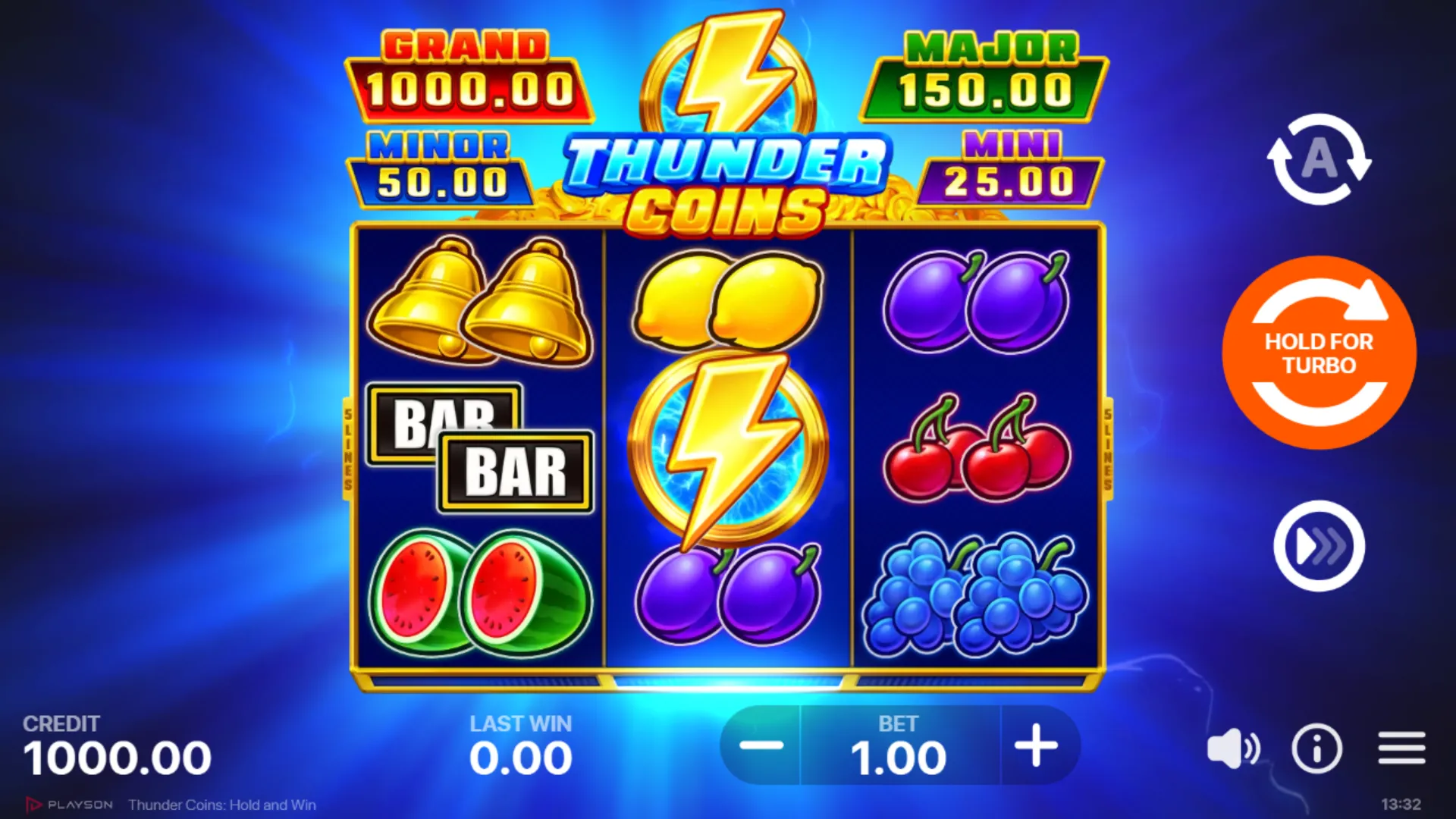 Thunder Coins 3x3 game grid showing classic fruit symbols with four-tier jackpot HUD: Grand 1000, Major 150, Minor 50, Mini 25 at EUR 1.00 bet