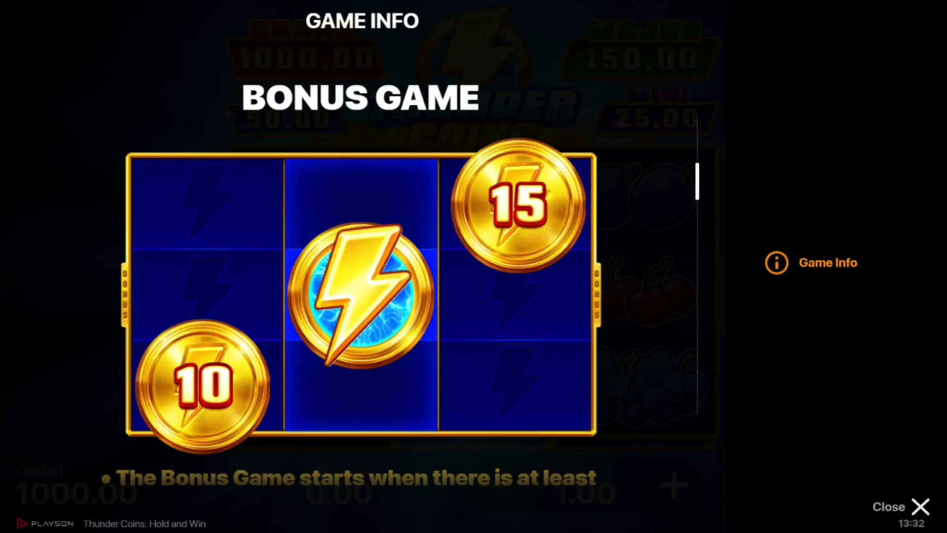Thunder Coins Bonus Game diagram showing coins 10x and 15x locked in the 3x3 grid with Thunder Bonus lightning bolt symbol on reel 2