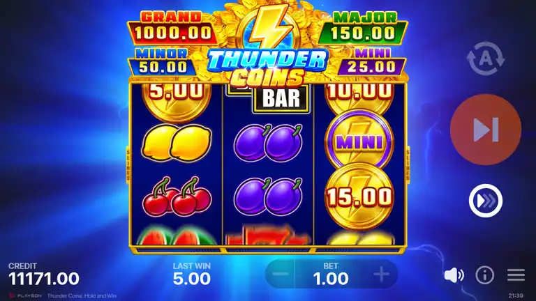 Thunder Coins base game at spin 1311 - fruit grid with BAR and coin symbols, CREDIT 11,171.00, BET 1.00