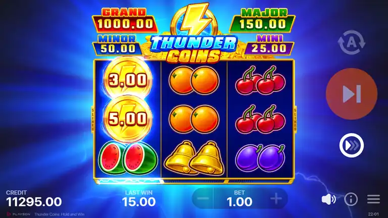 Thunder Coins final spin 1724 - two coin symbols 3.00 and 5.00 on left reel, CREDIT 11,295.00, BET 1.00