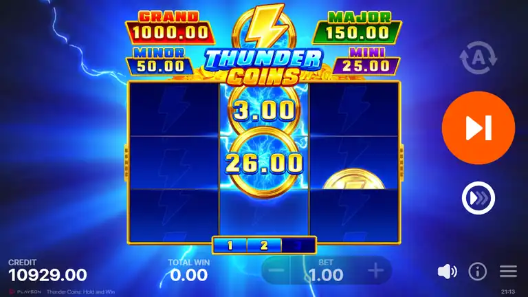 Thunder Coins Hold and Win bonus board opening - coins 3.00 and 26.00 locked in center, 2 respins remaining, credit 10,929.00