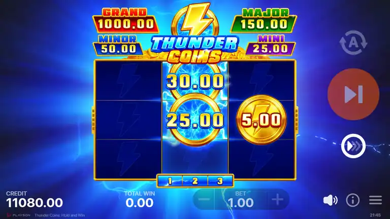 Thunder Coins Hold and Win bonus in progress at CREDIT 11,080.00 - coins 30.00 and 25.00 and 5.00 locked, 3 respins remaining