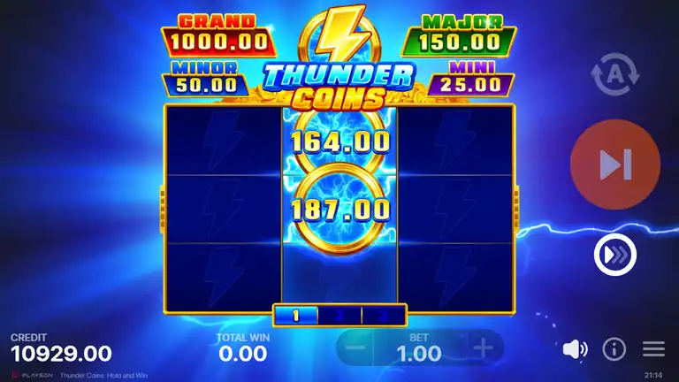 Thunder Coins session maximum win - coins 164.00 and 187.00 locked in bonus board, total 351x at EUR 1.00 bet, credit 10,929.00